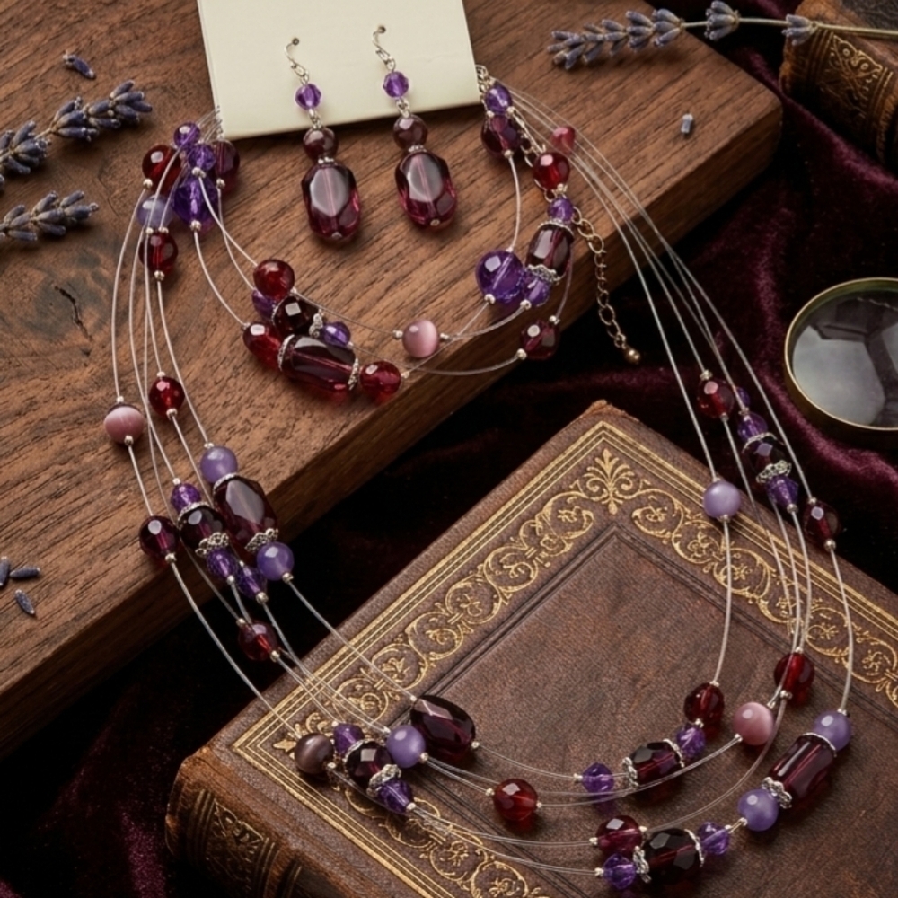 Penningtons Purple Multi-Strand Illusion Necklace & Dangle Earrings Jewelry Set